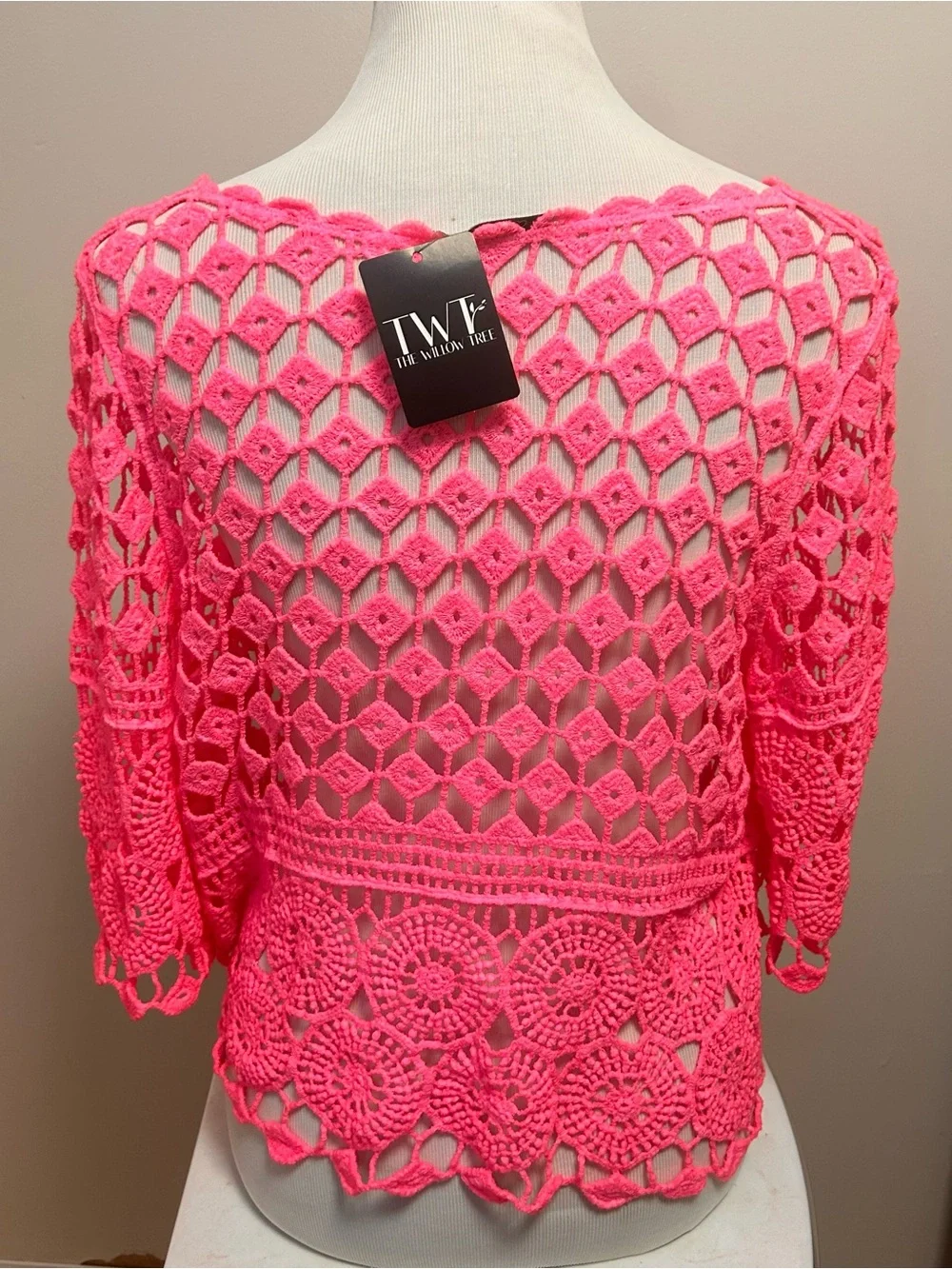 NWT Hot Pink Crochet Open Knit Top Cover Up Beach Summer Festive Boho Hippie OS - Picture 2 of 7